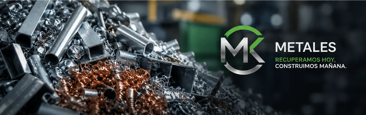 Rezagos metálicos industriales junto al logo de MK Metales y el lema Recuperamos hoy, construimos mañana